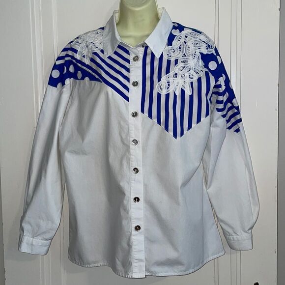 Vtg 80s Howard Wolf white cotton oversized shirt with blue & white stripes - Picture 1 of 9